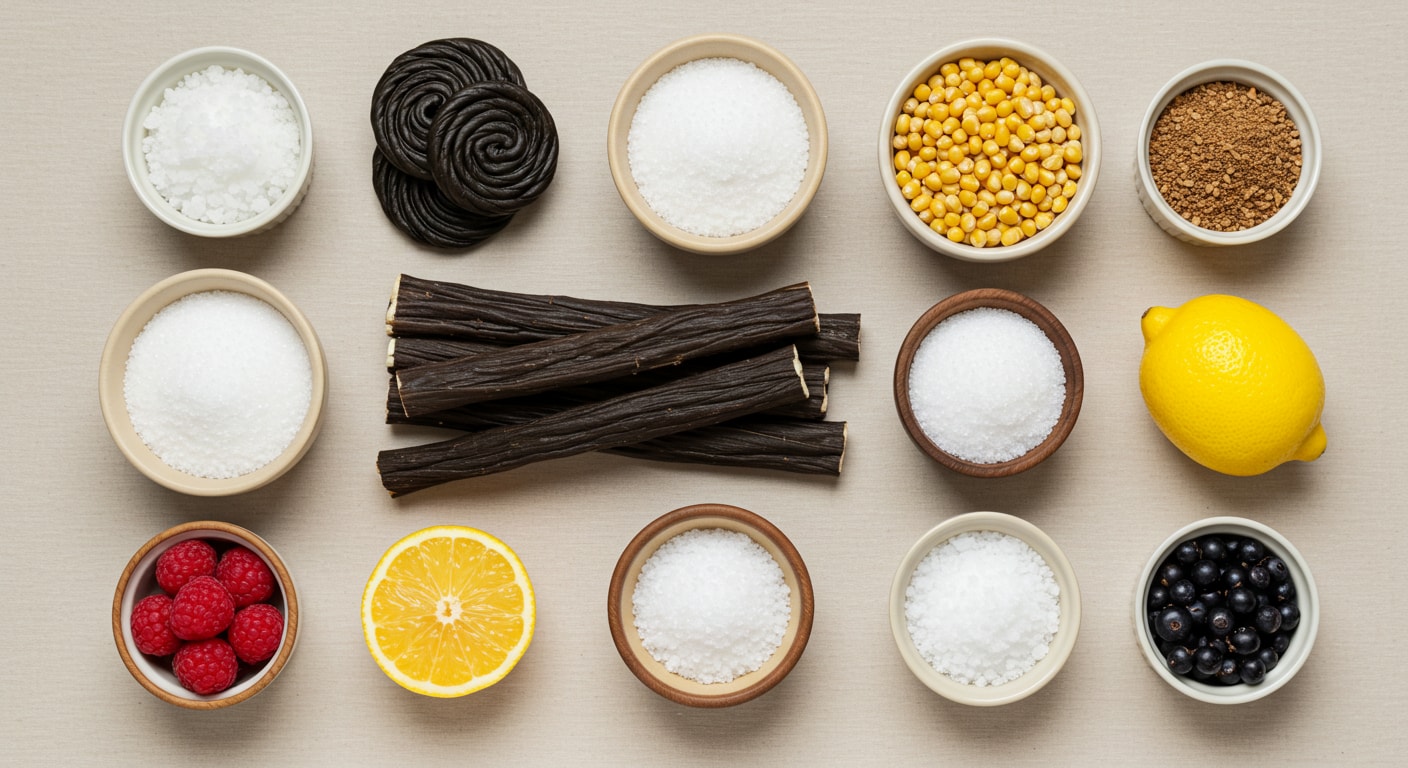Swedish sour candy ingredients arranged neatly in small bowls on a flat surface