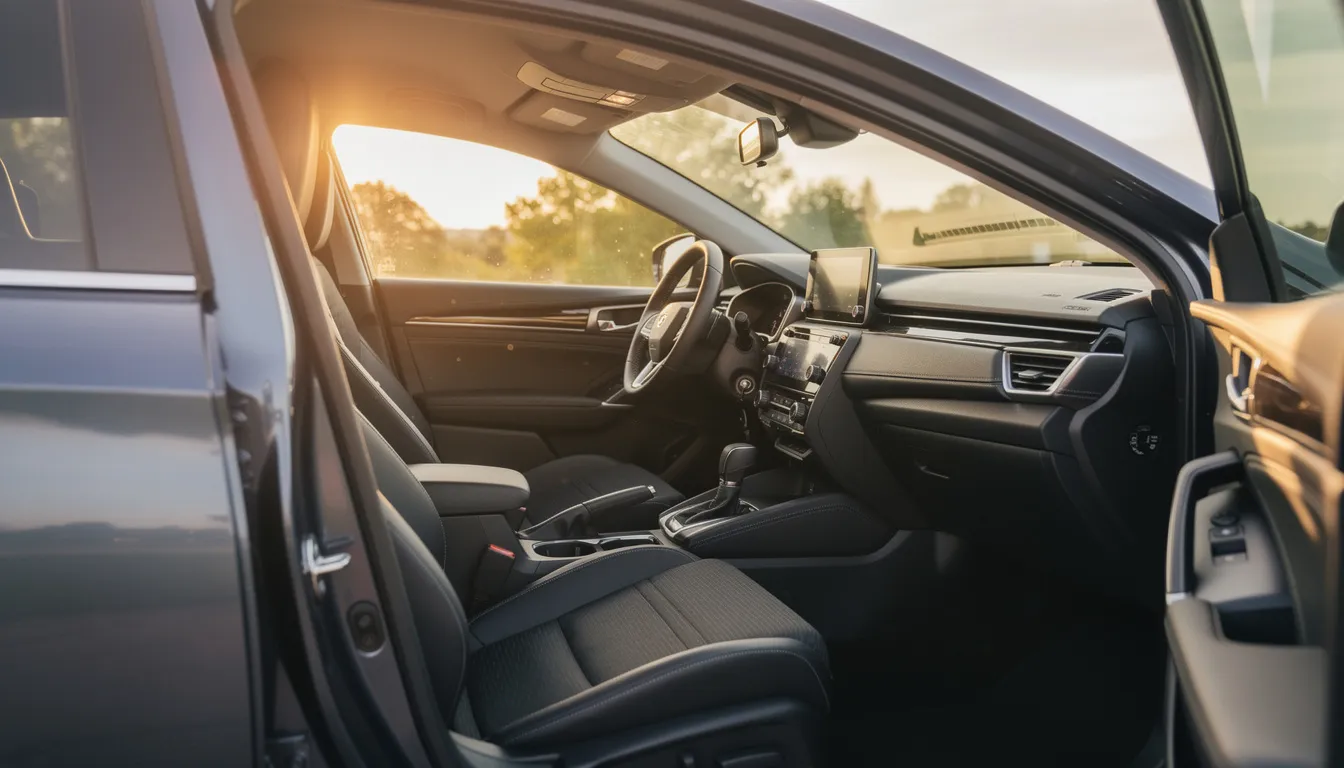 The image shows the interior of a car with its doors open, allowing sunlight to illuminate the driver's seat, dashboard, and cloth seats. This bright cabin environment highlights the need for a deep clean, especially for smokers' cars that may carry lingering cigarette smoke odors.