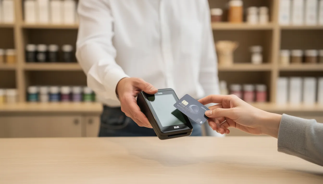 A business owner is seen completing a contactless card payment at a retail counter, showcasing the ease of digital payments. This secure payment method allows customers to pay quickly and efficiently, enhancing the overall customer experience.