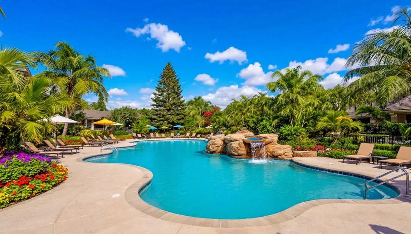 The image depicts a resort-style community pool surrounded by lush tropical landscaping, creating a serene atmosphere ideal for relaxation. This inviting space is part of a gated community in Fort Myers, showcasing the luxurious lifestyle offered by Belle Meade real estate.