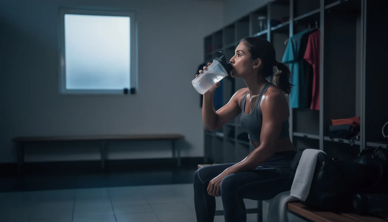 A person is drinking water from a shaker bottle in a gym locker room during the early morning, likely preparing for their workout or post workout recovery. This scene highlights the importance of hydration and may suggest a focus on muscle growth and athletic performance, potentially involving creatine supplementation.