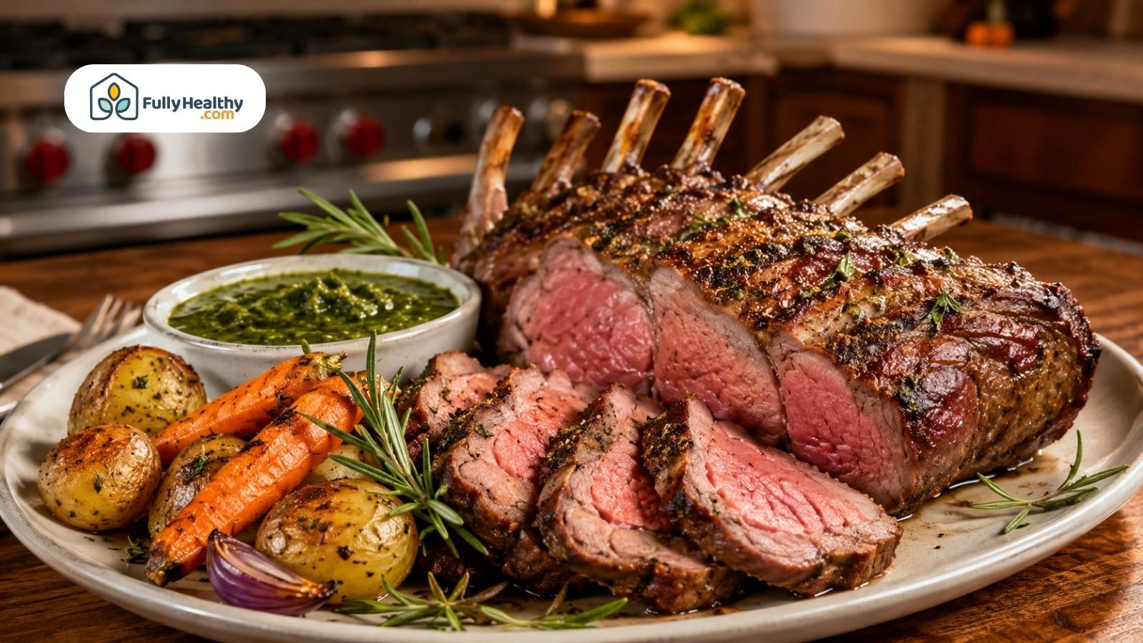 Roasted rack of lamb with carrots, potatoes, rosemary, and green herb sauce