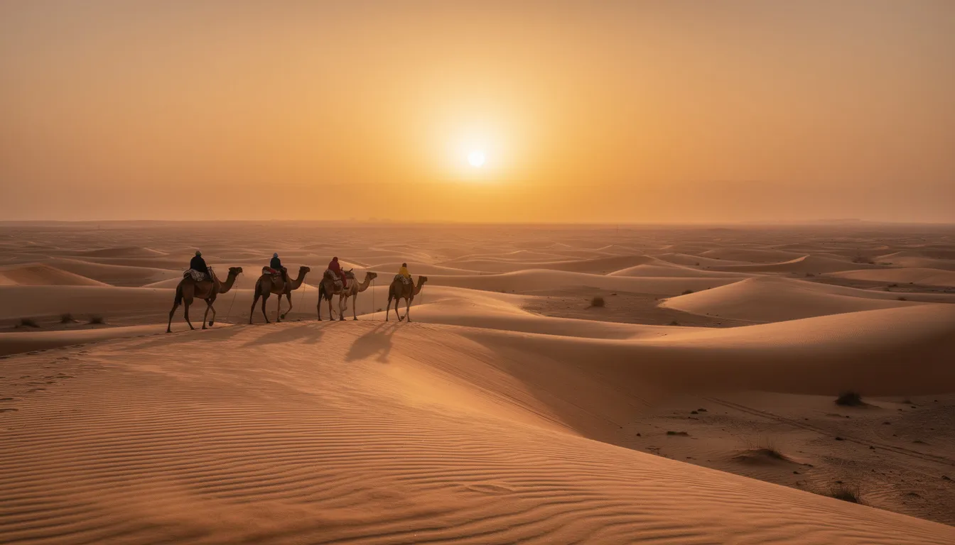 A panoramic view showcases vast golden sand dunes extending to the horizon, with a line of camels walking along a ridge during a magical sunset. This breathtaking desert landscape is part of the Merzouga Sahara Desert, often featured in Marrakech to Fes desert tours.