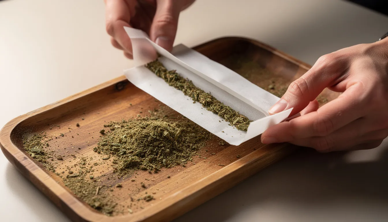 Auf dem Bild sind Hände zu sehen, die ein Drehpapier mit gemahlenem Cannabis auf einem hölzernen Rolling Tray halten. Diese Szene vermittelt den Prozess des Jointdrehens und zeigt die Materialien, die für das Raucherlebnis benötigt werden.