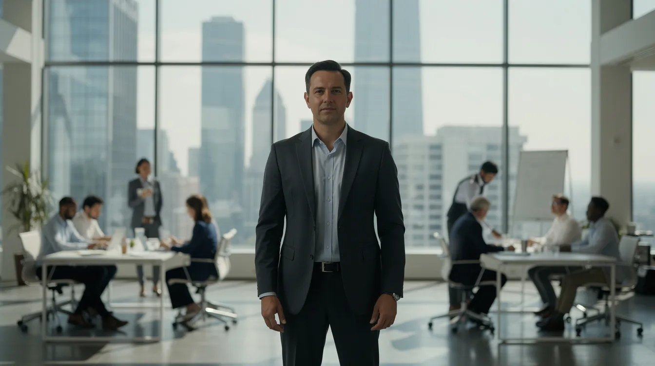 Un leader confiant se tient devant une grande fenêtre, surplombant une skyline urbaine, tandis que des membres de son équipe travaillent en arrière-plan. Cette image symbolise la vision et la mission d'une entreprise, illustrant l'importance de la stratégie et des valeurs dans le développement organisationnel.