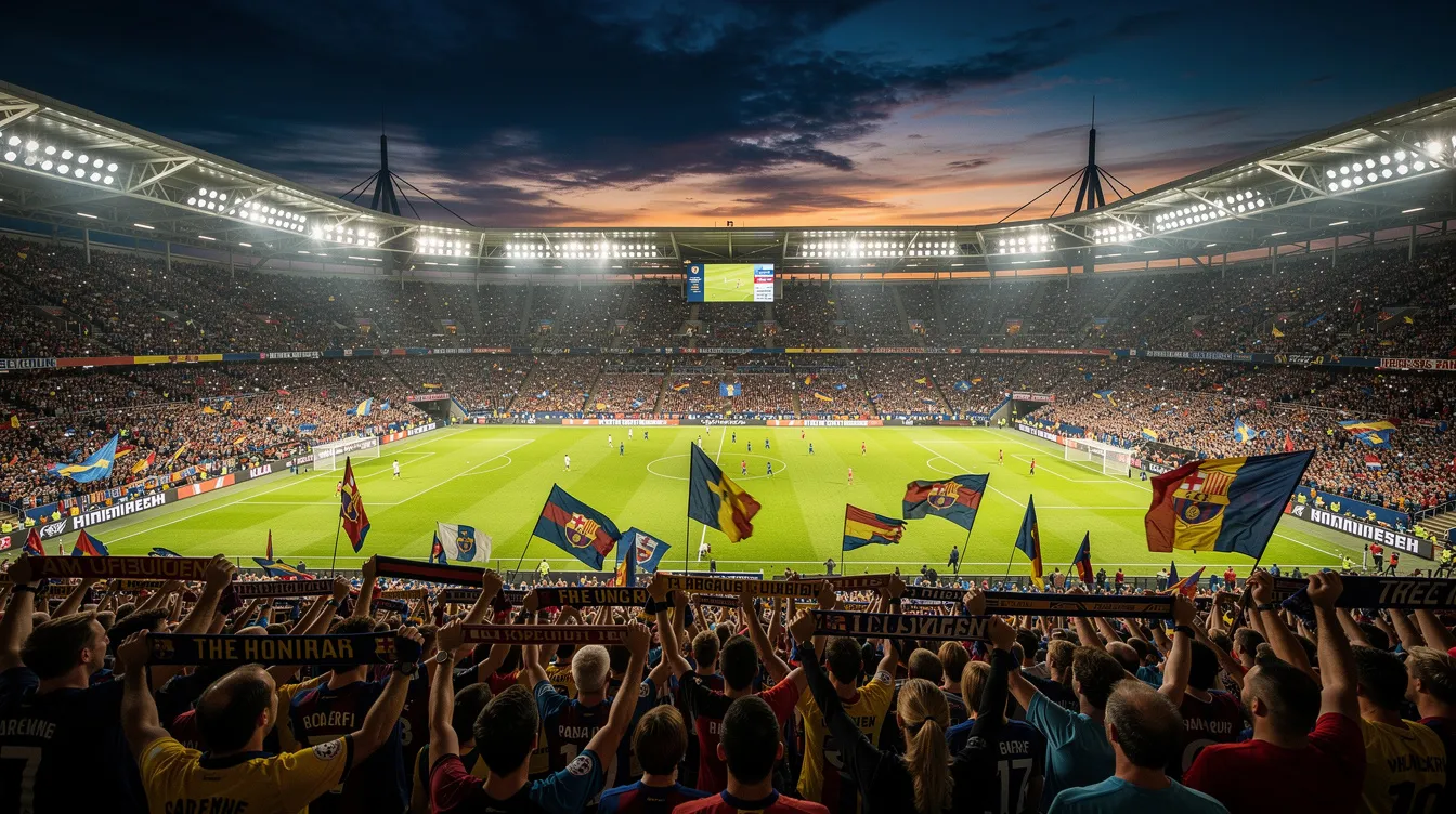 The image depicts a vibrant football stadium bustling with enthusiastic fans, all cheering passionately during an evening match. The atmosphere is electric, reflecting the excitement of competitive football, akin to the thrill found in online sports betting markets such as the UEFA Champions League.