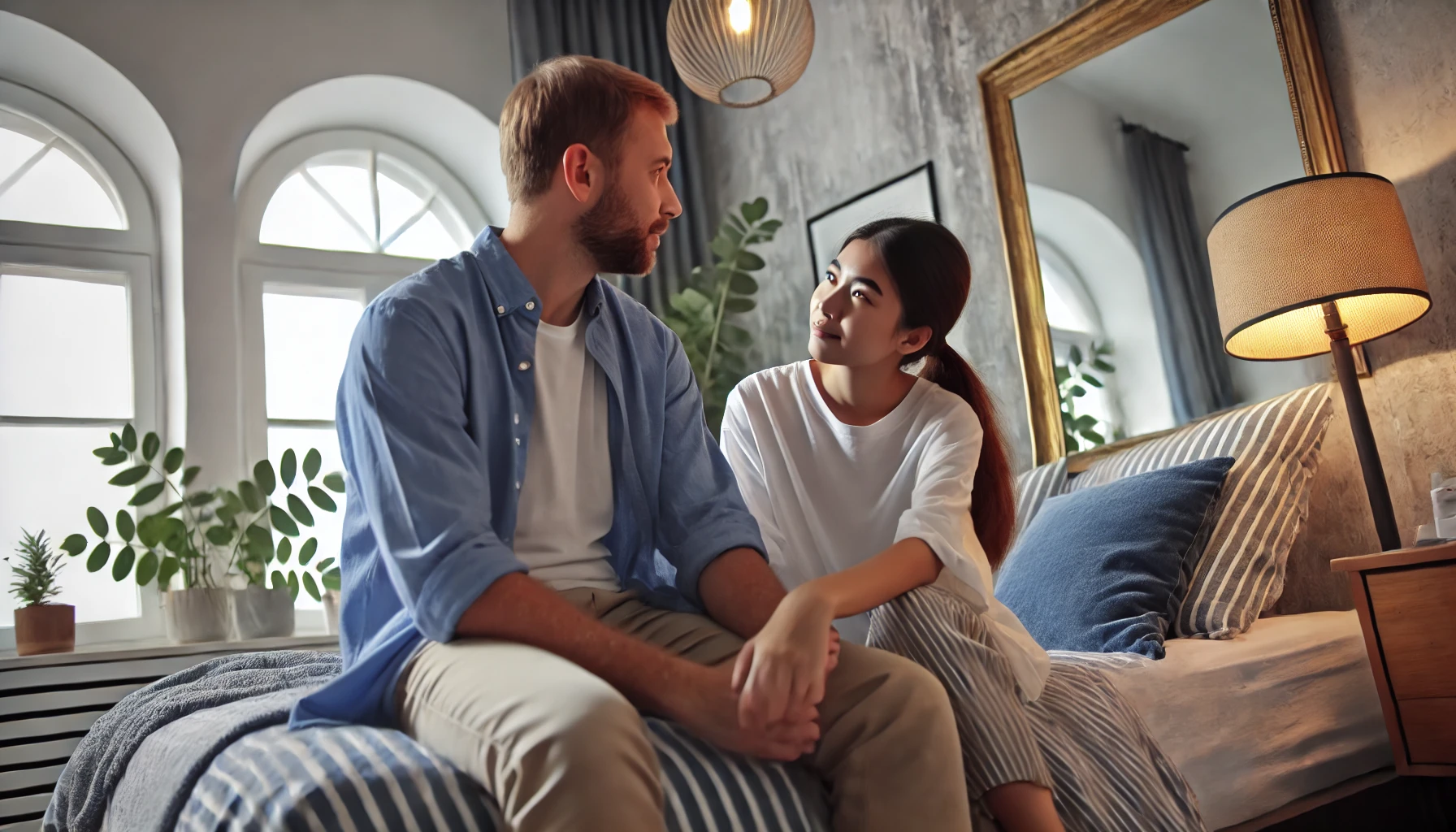 A couple having an intimate, cozy conversation in a private setting