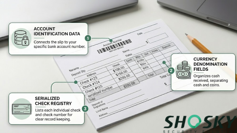 Essential components of a bank deposit slip