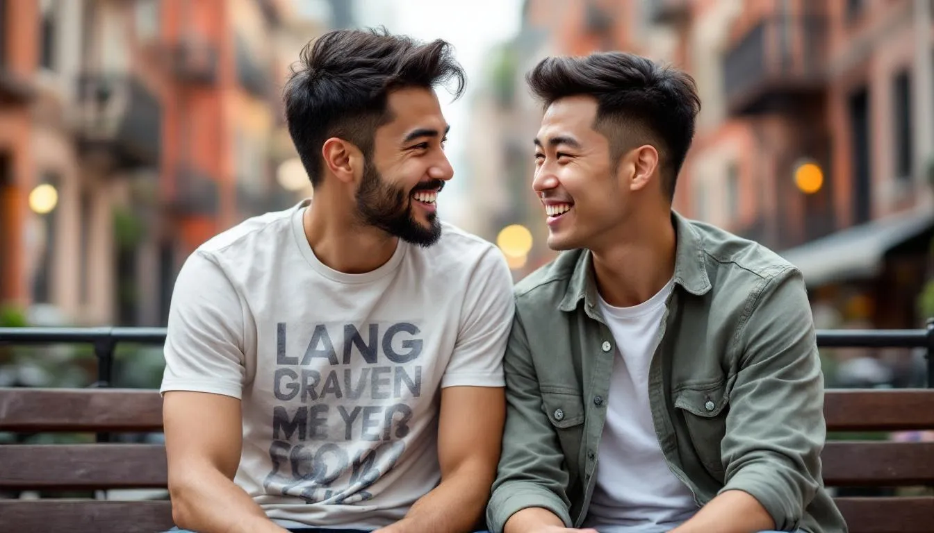 An image of an Asian gay couple in the West Village of NYC. Both partners show expressions of curiosity and excitement as they engage in healthy relationship communication. Their intimate moment captures the essence of trust building and emotional connection, reflecting the beauty of same-sex relationships in NYC.