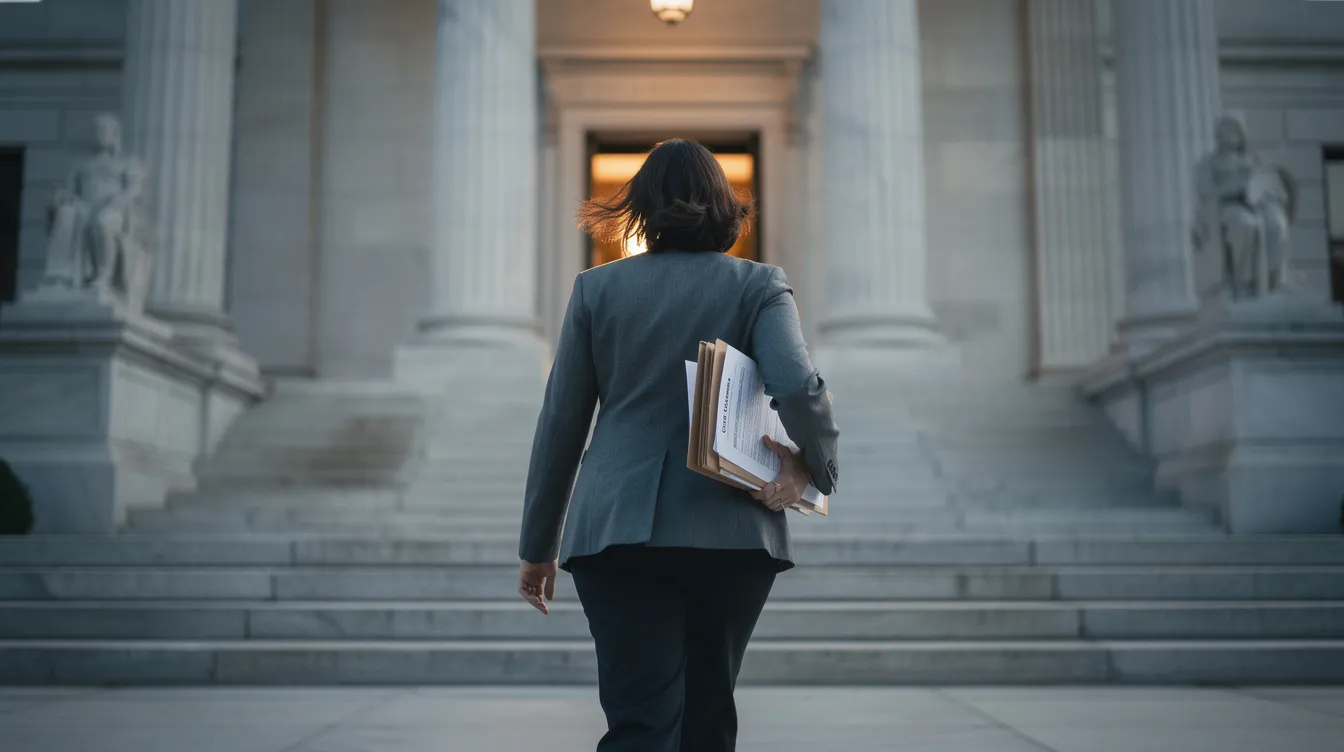 A person is walking into a courthouse holding a folder filled with important documents, likely related to their social security disability benefits application process. The setting suggests they may be preparing for a hearing or meeting with an experienced disability attorney to discuss their case.
