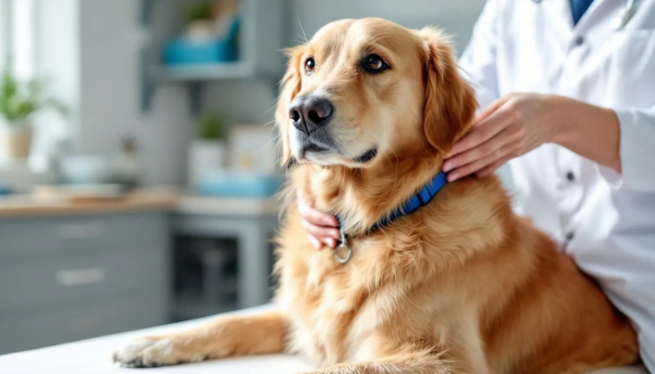 In the image, a healthy brown dog is receiving a routine veterinary check-up, with the veterinarian inspecting the dog