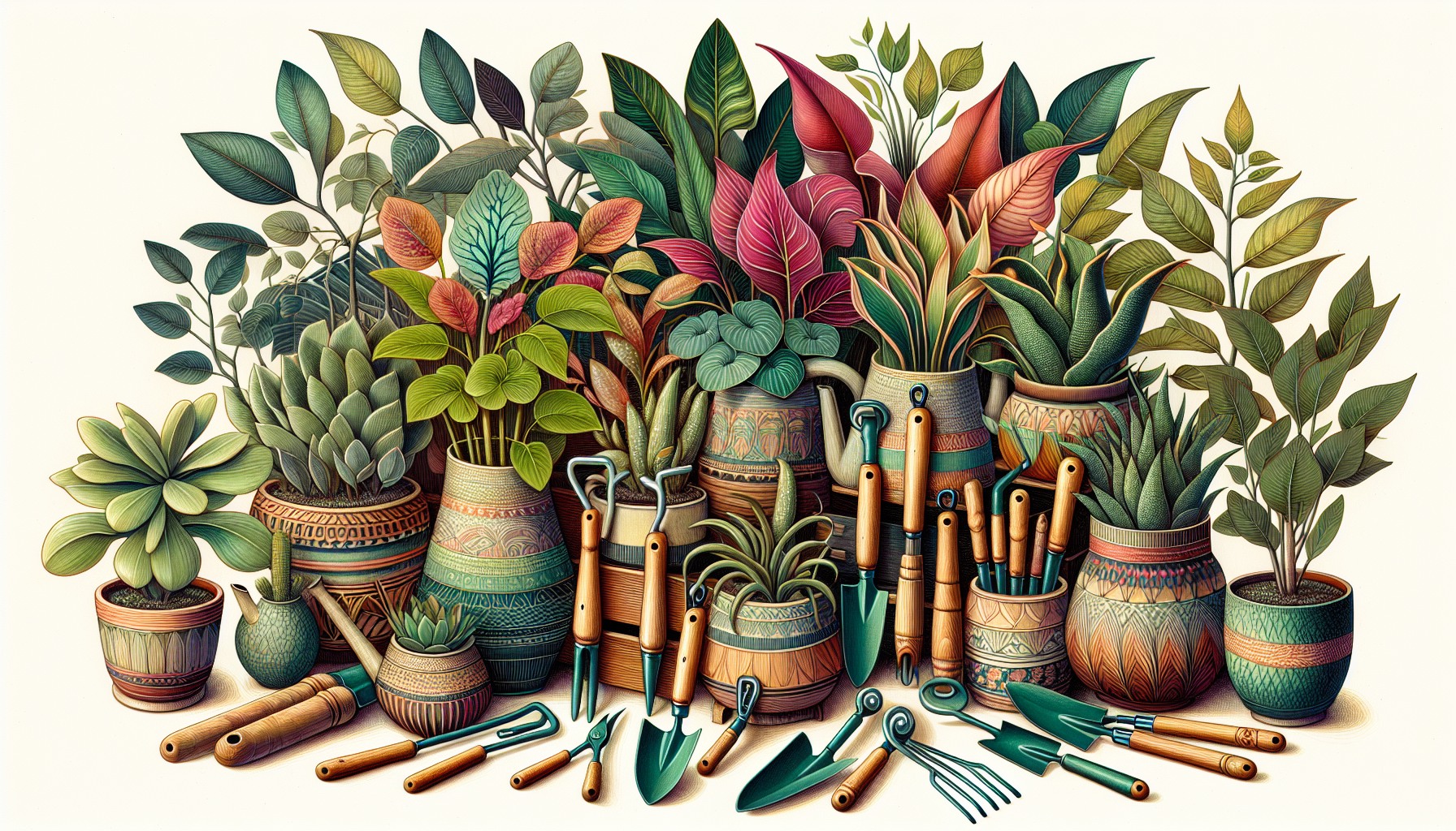 Illustration of a collection of unique plants and gardening tools