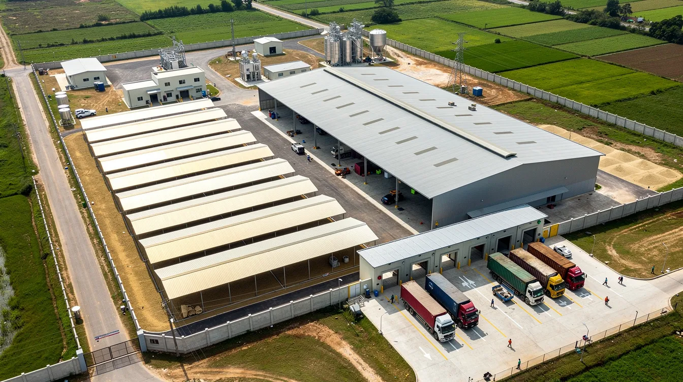 261b9199 6ba9 4880 80ff 6d2d2bf9be25 An aerial view of a rice milling facility showcases various components, including paddy storage godowns, a milling shed, a truck loading area, and utility buildings, all essential for paddy procurement and processing. This facility represents the infrastructure and operational aspects of rice mills engaged in the production and supply of rice, highlighting its significance in the agricultural sector.