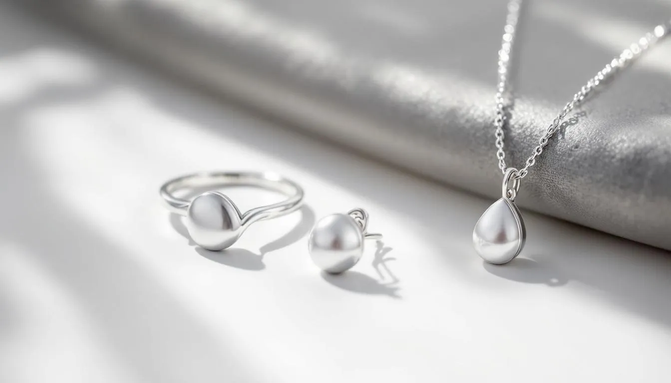 The image features a beautifully crafted jewellery set that includes a silver teardrop ring, matching sterling silver earrings, and a necklace, all designed to create a cohesive and stylish look. This elegant combination is perfect for any occasion and makes a thoughtful gift for loved ones.