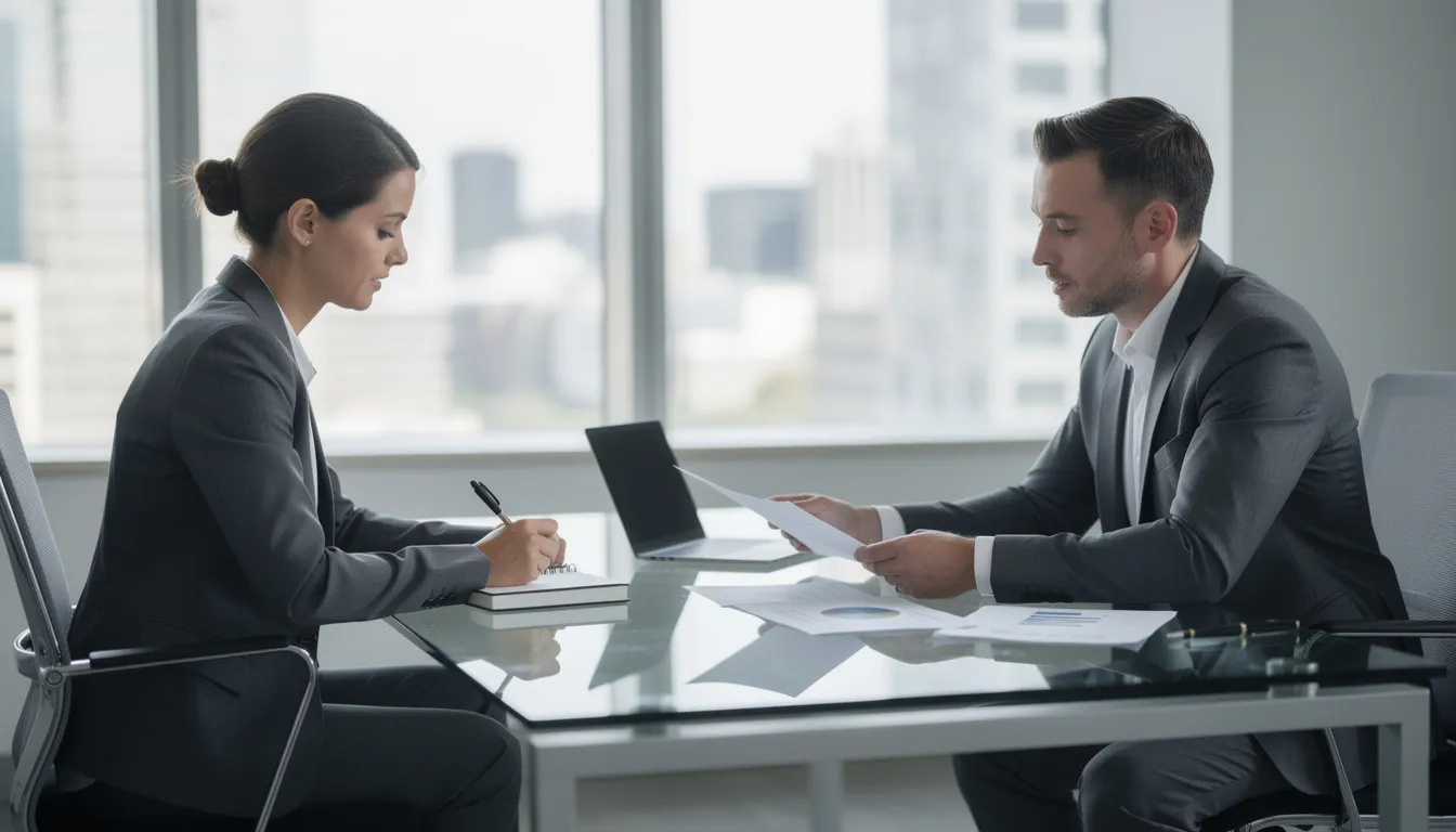 The image depicts a professional consultation meeting in an office, where two individuals, likely a medical malpractice lawyer and a client, are discussing important medical records and potential medical malpractice claims. The atmosphere is focused and serious, reflecting the importance of navigating medical negligence and ensuring fair compensation for injured patients.