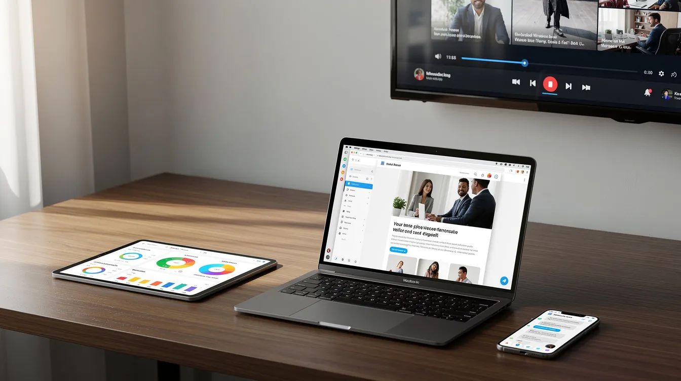 The image depicts a wooden desk cluttered with multiple electronic devices, including a tablet, smartphone, laptop, and television, each displaying different content screens. This setup highlights the convenience of using various devices to access IPTV services, enabling seamless streaming of live TV channels and entertainment options.