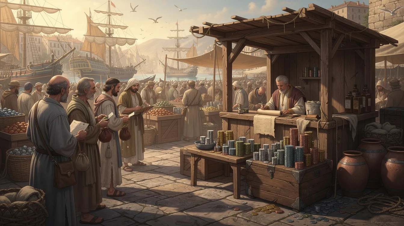 The image depicts a bustling ancient marketplace with a wooden tax collection booth surrounded by stacks of coins, set near a harbor. This scene reflects the societal dynamics of the time, where tax collectors and sinners interacted, reminiscent of the moments when Jesus sat and ate with them, illustrating His mission to save sinners and introduce them to a changed and fruitful life.