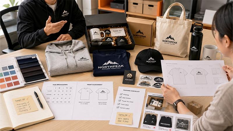 Custom merch project review with apparel, tote bag, gift box, color swatches, size chart, and packaging checklist.