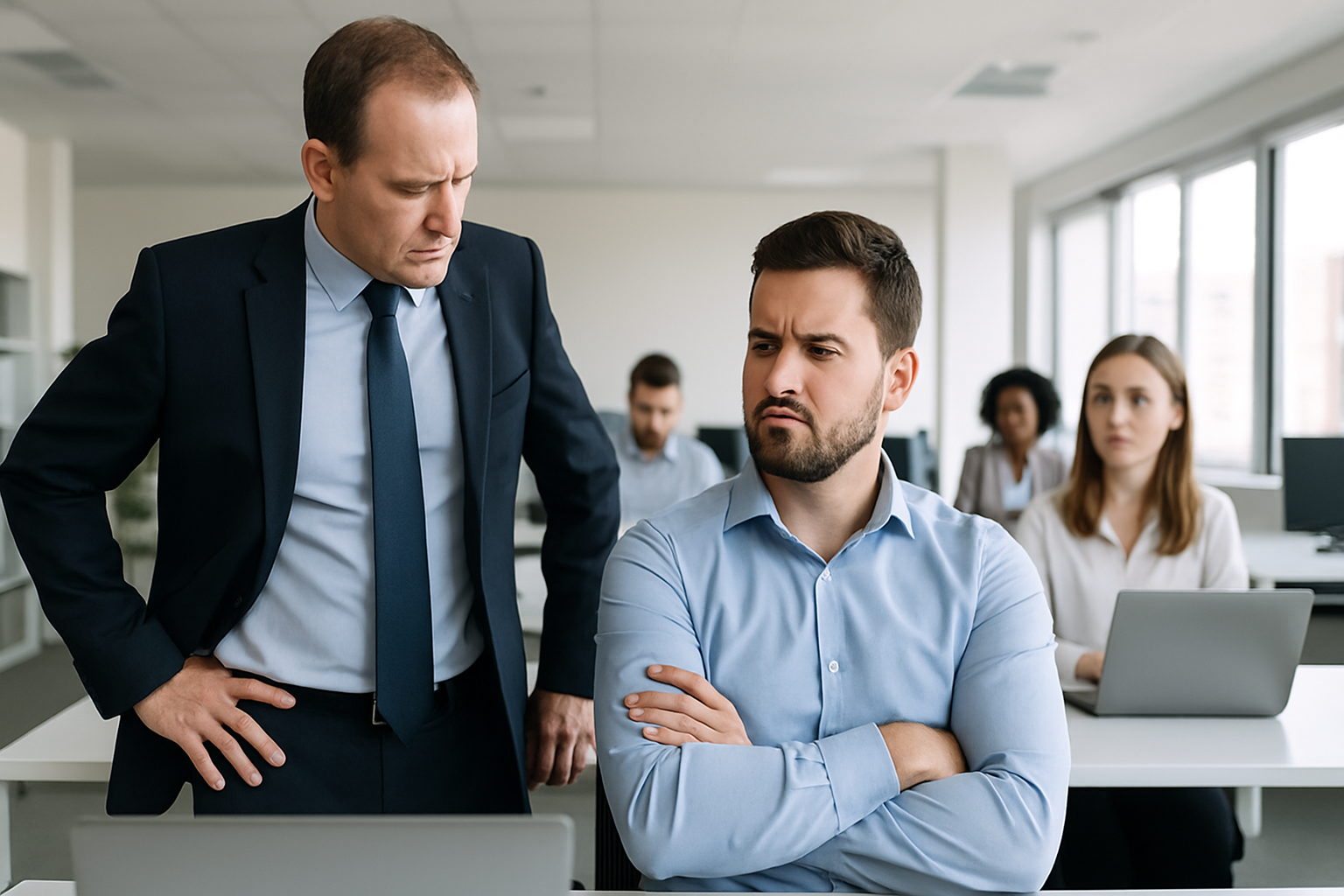 In modern office, authority figure confronts an employee refusing tasks, an example of workplace insubordination and considered insubordination in action.