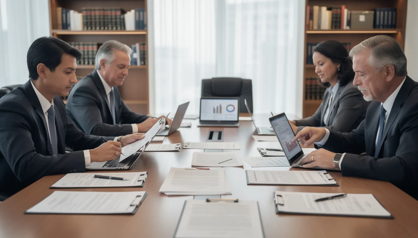 A professional estate planning team, consisting of experienced estate planning attorneys, is gathered around a table reviewing complex legal documents and strategies aimed at protecting families' futures in Orange County. They discuss customized estate plans, asset protection, and the estate planning process to ensure their clients navigate probate efficiently and secure their wealth for loved ones.