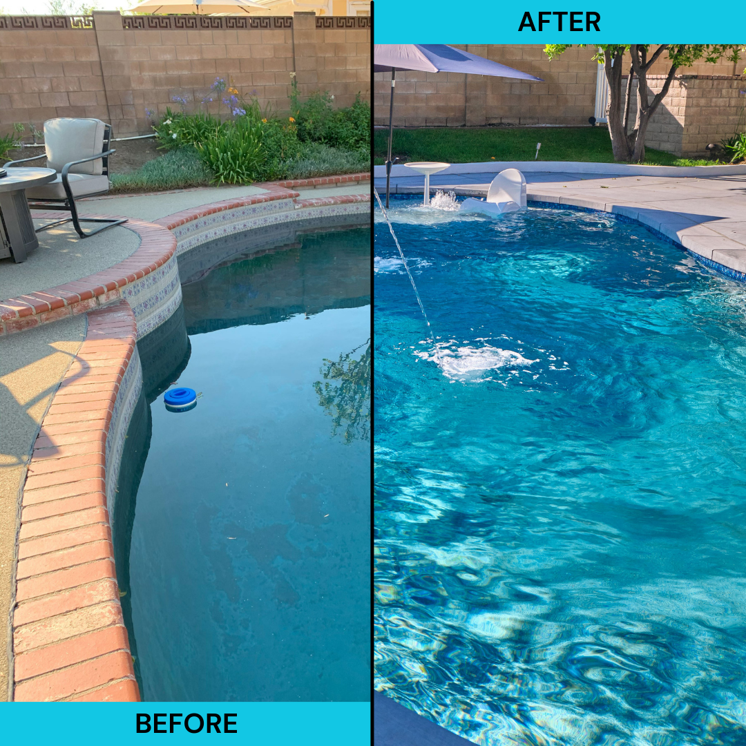 A before and after of a pool that had discoloration and looked dated. Both images show pebble, but the second has a lighter color.