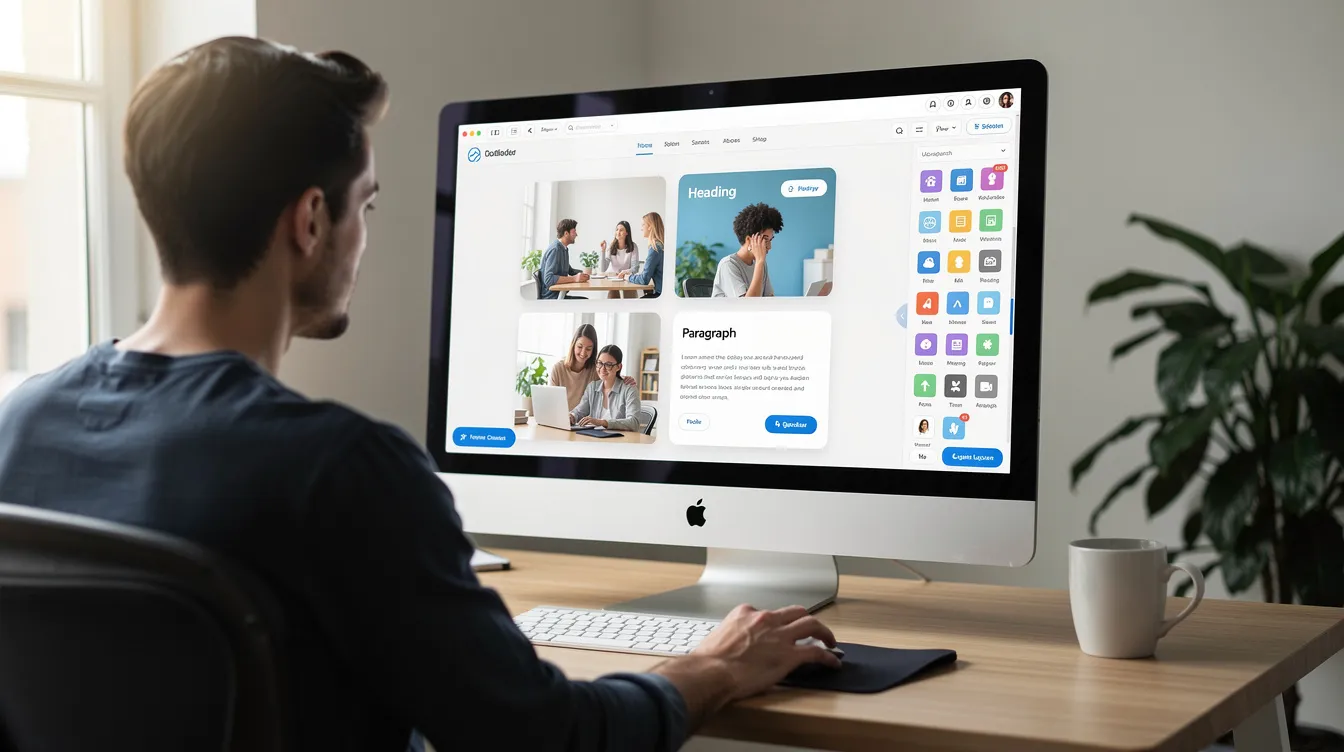 An individual is focused on building a website using a drag-and-drop editor on their desktop computer, showcasing a user-friendly interface typical of DIY website builders. This scene highlights the ease of creating a professional-looking website for small businesses, emphasizing the accessibility of web design without requiring extensive technical skills.