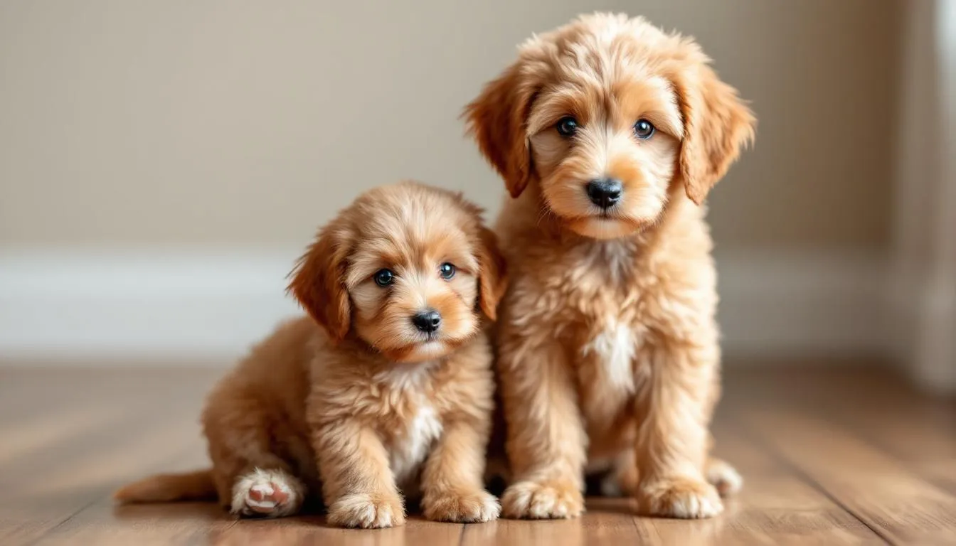 A Mini Goldendoodle puppy sits beside an adult Mini Goldendoodle, showcasing a size comparison that highlights the growth patterns of these designer breeds. The image illustrates the difference in height and overall size between the young pup and its adult counterpart, emphasizing the typical weight ranges and healthy growth of mini goldendoodles.