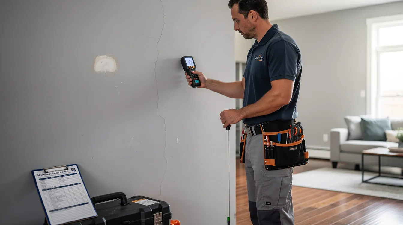 A professional technician is using moisture detection equipment on an interior wall to identify hidden leaks and assess potential water damage. This process is crucial for preventing mold growth and ensuring the structural integrity of the building, particularly in areas affected by plumbing leaks or burst pipes in Houston, TX.