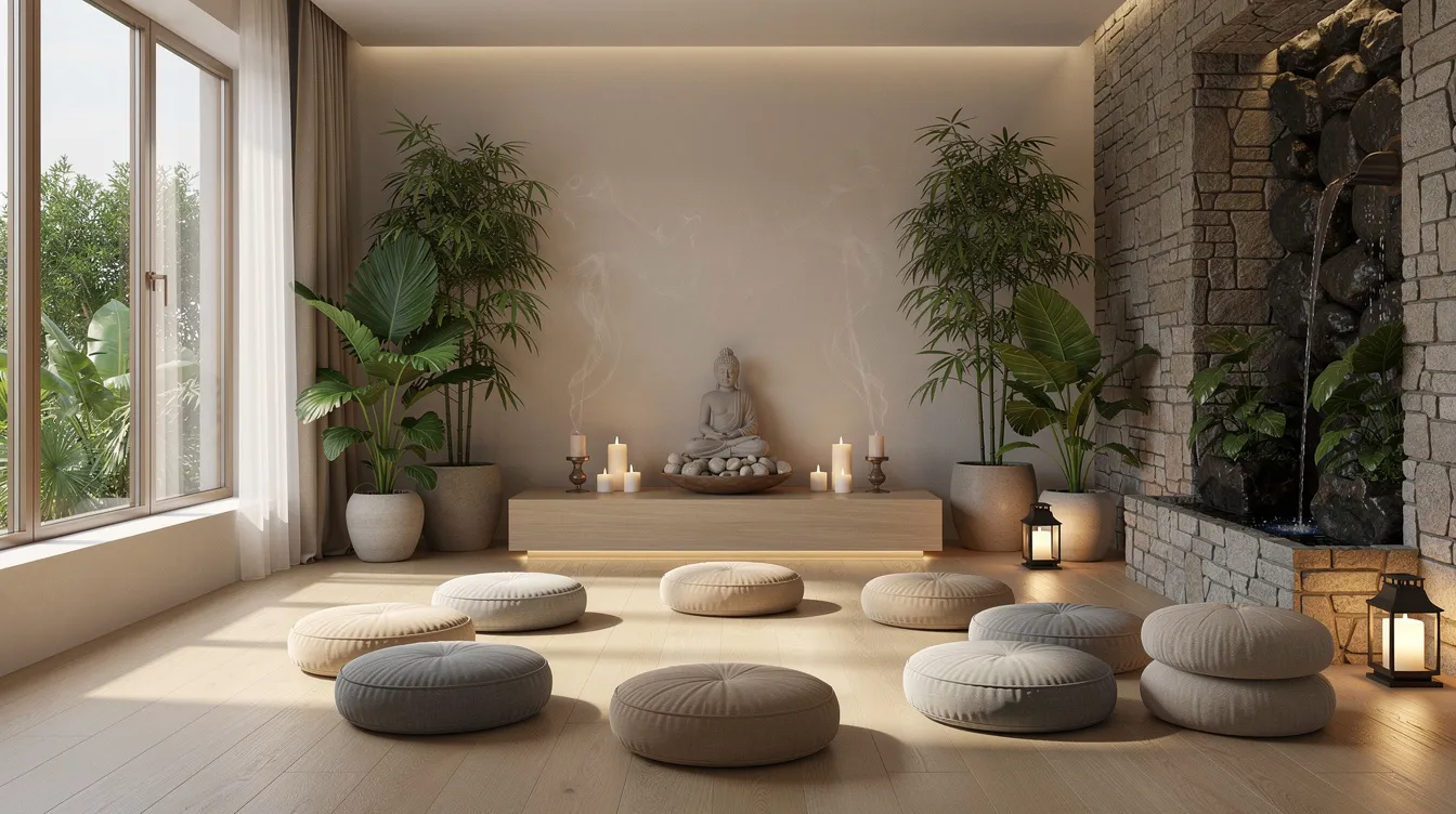 The image depicts a serene spa-like wellness area featuring meditation cushions arranged on a natural wooden floor, surrounded by plants and soft lighting, creating a calming atmosphere ideal for relaxation and mindfulness. This tranquil setting may serve as a reminder of the importance of mental health and wellness, particularly for those navigating substance use disorders or seeking recovery from polysubstance use.