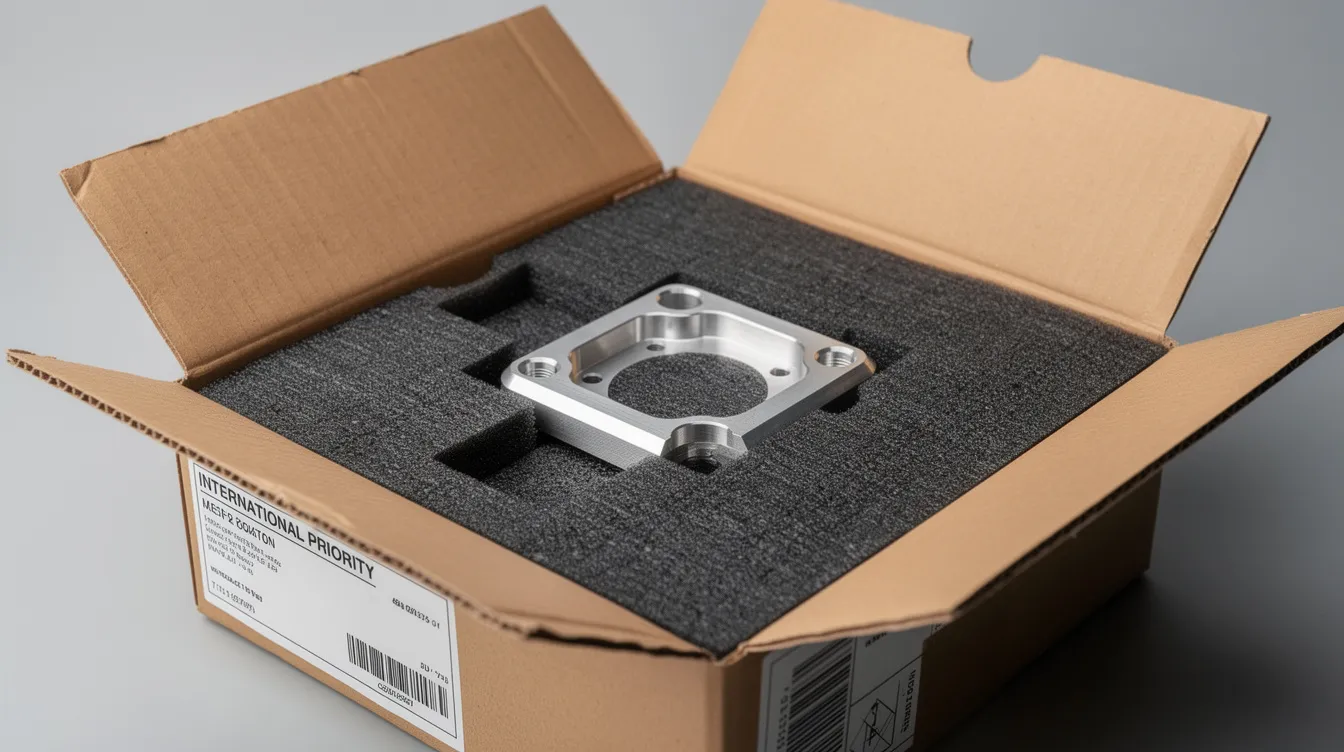 A small CNC machined aluminum part is securely packaged in protective foam, ready for international shipping. This part, showcasing excellent corrosion resistance and precision from the CNC machining process, is designed for various applications across industries.