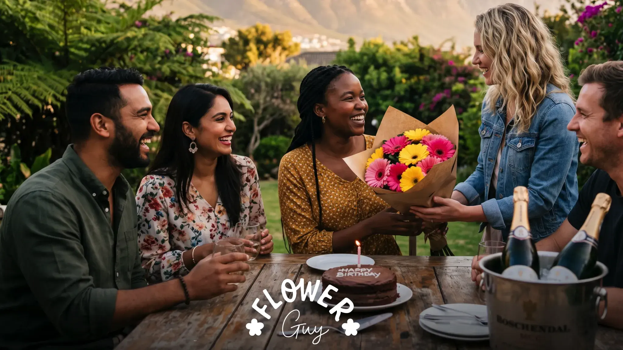 Friends in Cape Town sharing happy birthday messages and a hand-tied gerbera bouquet over a chocolate birthday cake at a garden table