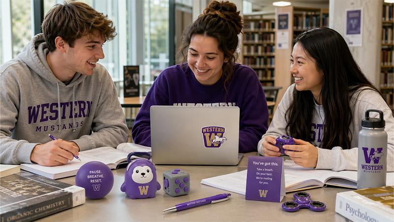 Stress-relief toys and fidget-friendly swag, including stress balls and spinner pens, designed to help students manage anxiety during high-pressure weeks, with wellness messaging included.