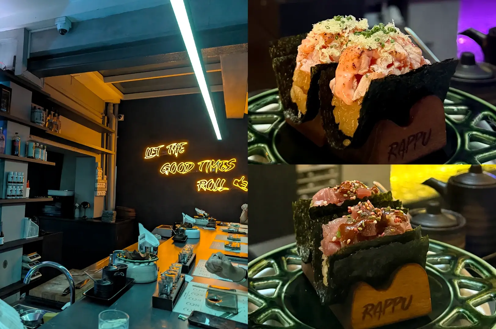 Eye-level wide-angle view. Left: Contemporary handroll bar interior with a counter dining setup, shelves, industrial-style ceiling elements, moody lighting, and a glowing neon wall sign reading ‘LET THE GOOD TIMES ROLL,’ creating a vibrant nightlife atmosphere. Upper Right: Close-up view of a handroll filled with seafood mixture, shrimp, crispy topping, and chopped garnish wrapped in dark nori seaweed, presented on a decorative serving stand under dramatic lighting. Lower Right: Close-up view of handrolls filled with diced raw fish and sesame garnish wrapped in crisp nori seaweed, displayed on branded wooden holders atop a textured serving plate, emphasizing fresh ingredients and artisanal presentation.