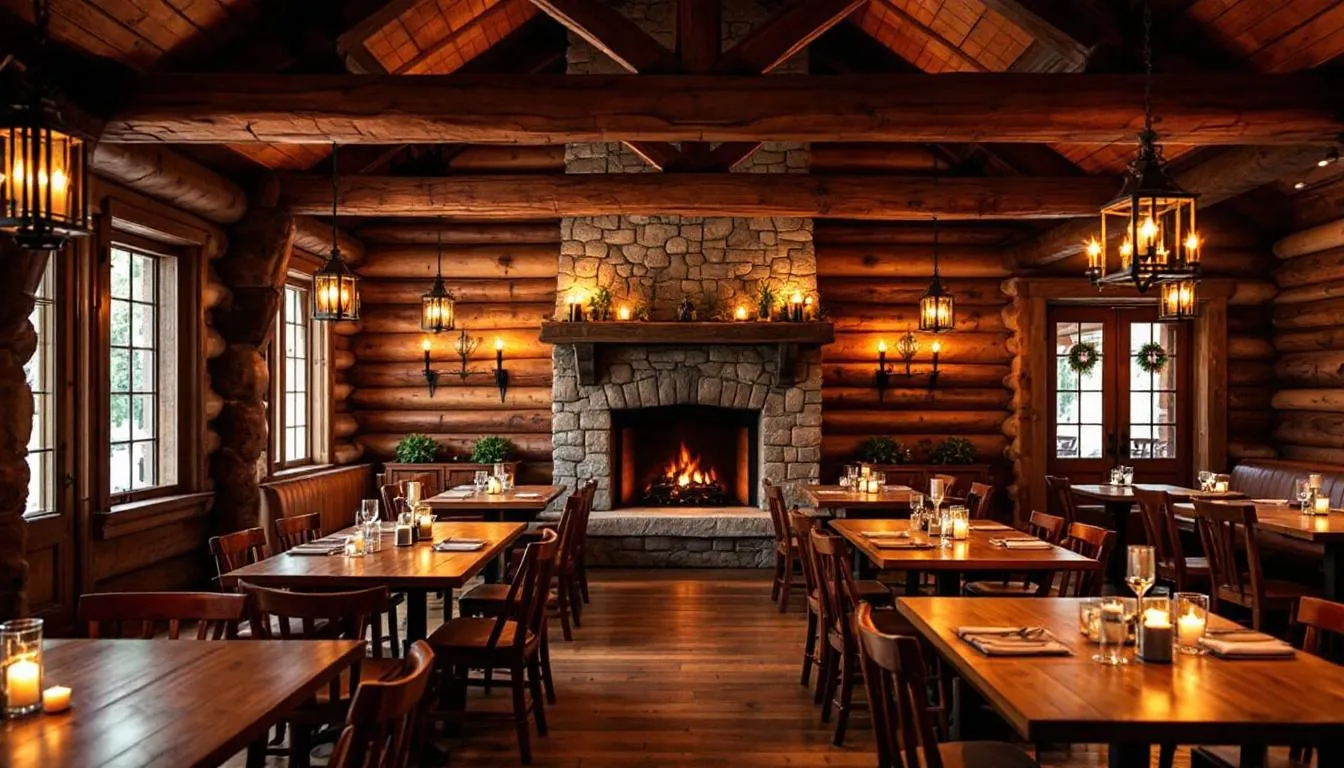 The image depicts a rustic restaurant interior featuring wooden tables and a cozy mountain lodge atmosphere, perfect for guests seeking a warm dining experience at Cedar Breaks Lodge. The inviting environment complements the nearby Brian Head Ski Resort, making it an ideal spot for families and friends to relax after a day of skiing.