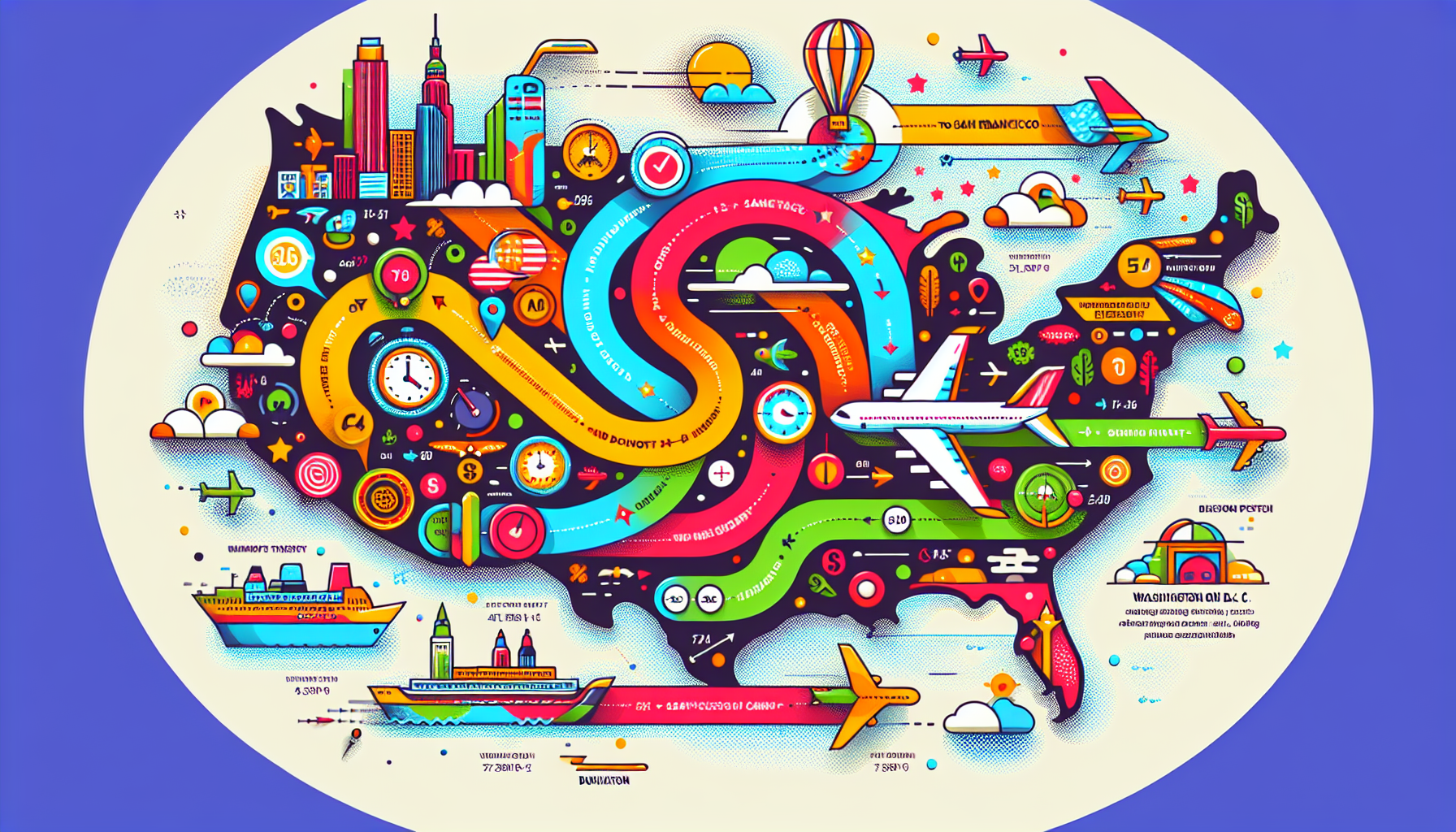 An illustration showing the average flight time from Washington D.C. to San Francisco.