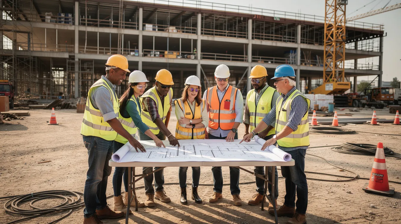 A construction team is gathered at a job site, actively reviewing project plans, with a partially completed commercial building visible in the background. This scene reflects the importance of effective contractor marketing strategies and collaboration in the construction industry to attract potential clients and enhance business growth.