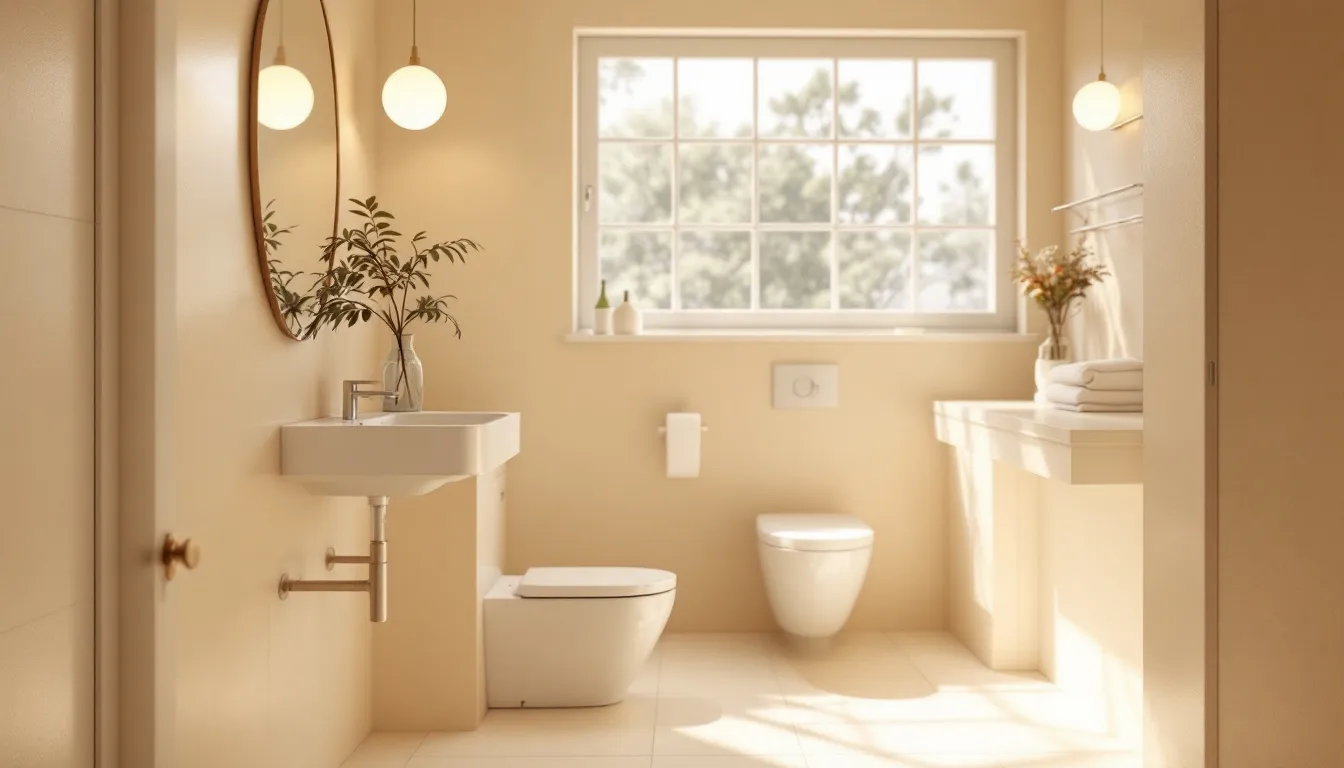 The bathroom interior features creamy walls with warm undertones, complemented by white fixtures that enhance the serene spa-like atmosphere created by the abundant natural light. The space is designed to evoke a calming feeling, with soft wood tones underfoot and a bright, inviting ambiance.
