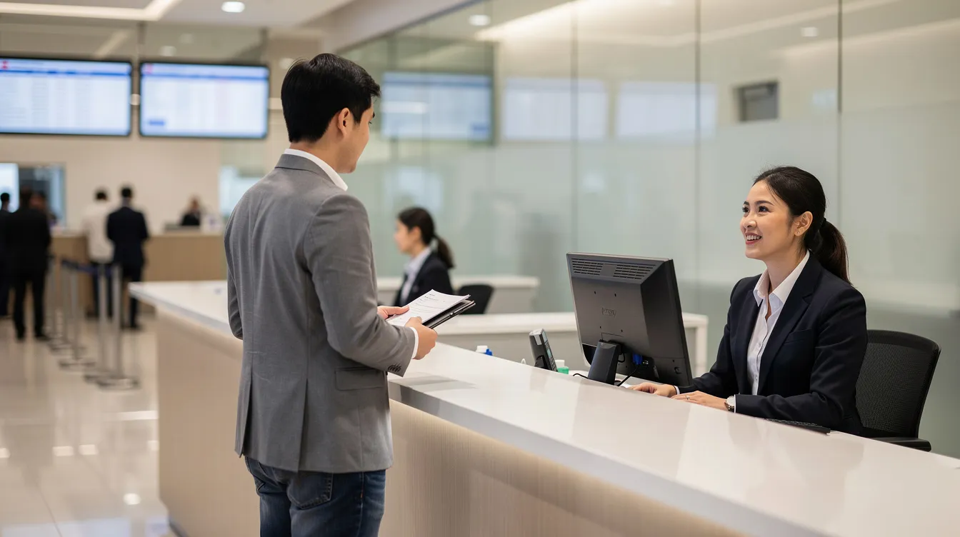 2636a177 9782 4daf a13d 36dcb008bf94 The image shows a person standing at a bank counter engaged in conversation with a bank officer, likely discussing details related to a loan application under the Pradhan Mantri Mudra Yojana. The setting suggests a formal environment where the applicant is seeking information about eligibility and required documents for financing options.