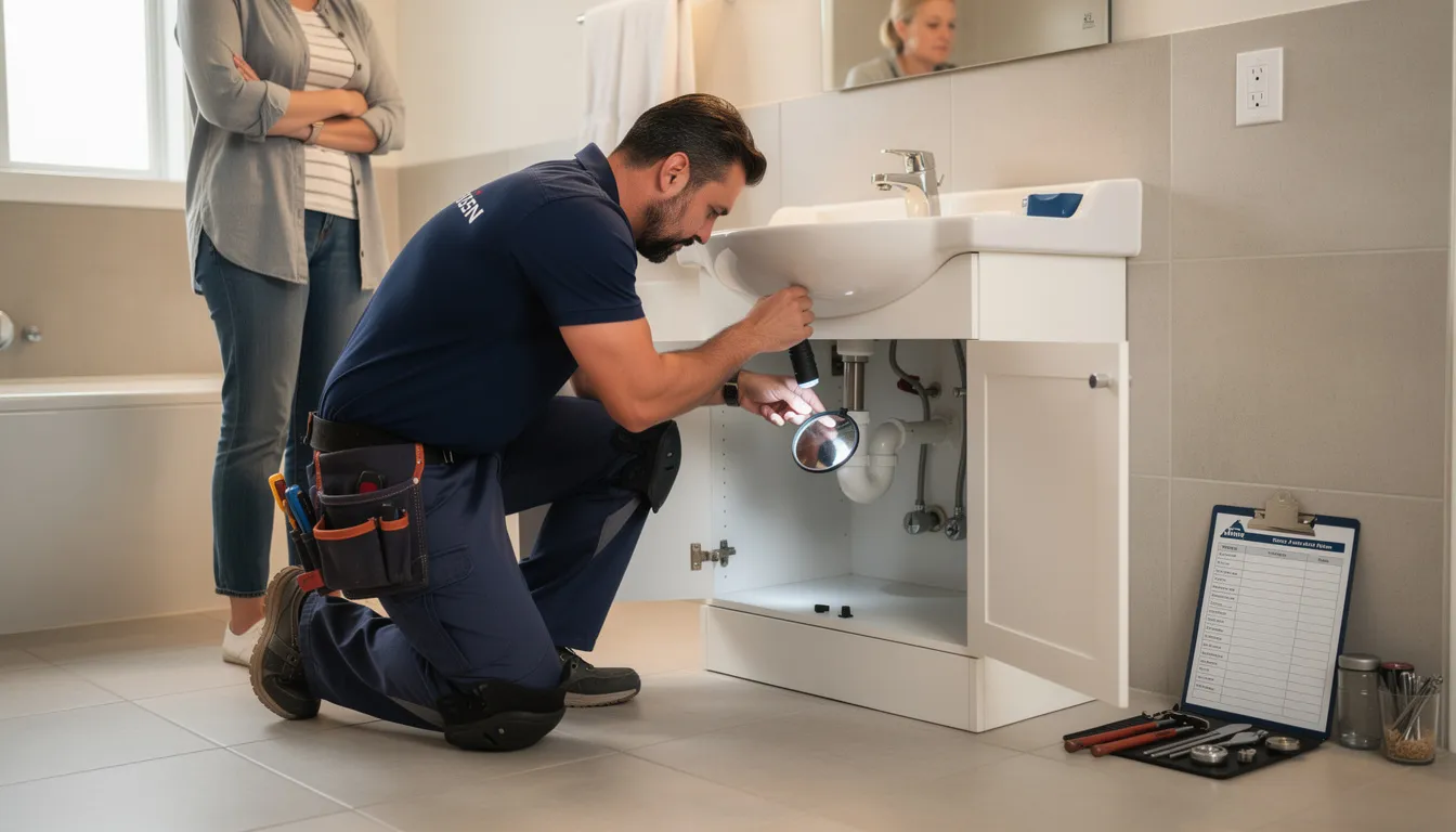 A professional plumber is inspecting a clogged drain at a customer's home, equipped with tools to assess the plumbing system and identify the cause of the blockage. The technician is focused on resolving drainage issues efficiently to restore flow and prevent future plumbing problems.