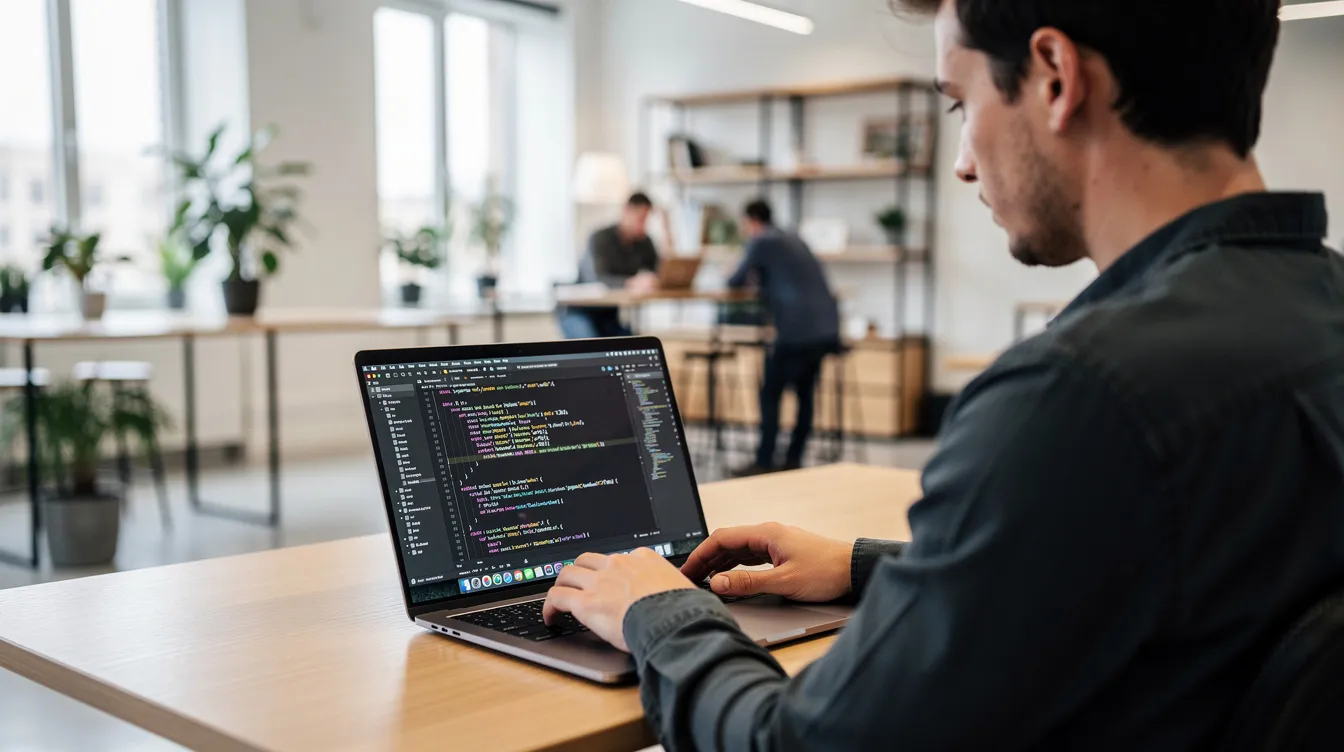 A developer is focused on reviewing code on a laptop in a modern workspace, surrounded by tools and resources essential for building AI agents and complex multi-agent systems. The environment is designed for productivity, reflecting a blend of technology and creativity in the process of writing code and executing tasks.