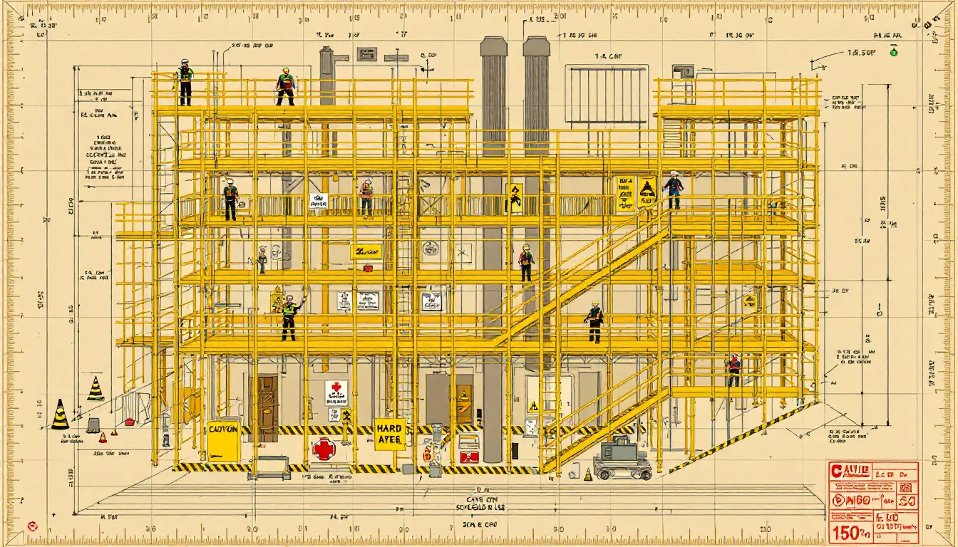 Operational safety measures in scaffolding work with safety harnesses and equipment.
