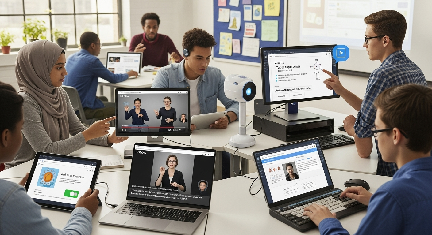 Students from diverse backgrounds using AI-powered learning tools with multilingual and accessibility support