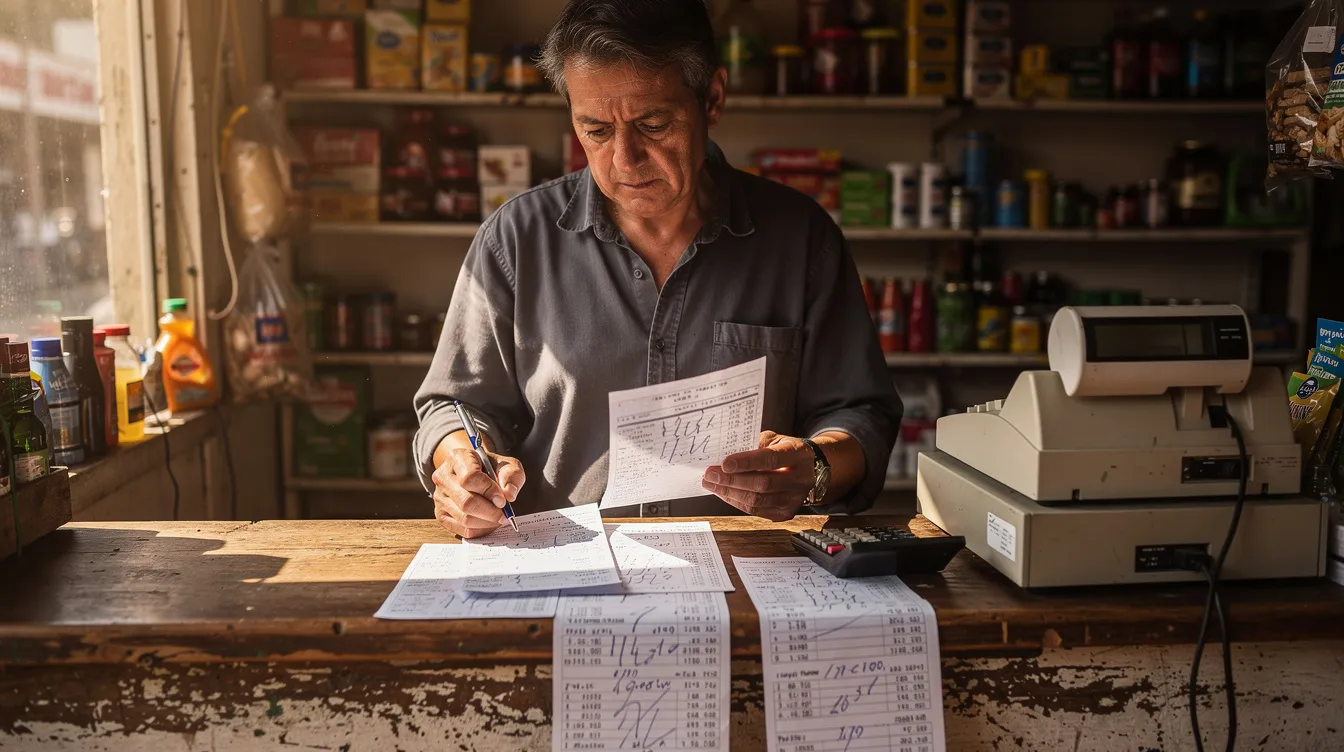 263e2b9f c426 4c2c 8498 958f54e2ab20 A small shop owner is sitting at a counter, intently reviewing financial papers that likely relate to their business loans and previous loans. The scene reflects the importance of financial assistance for micro enterprises, as the owner assesses their satisfactory credit track record and prepares for future funding opportunities.