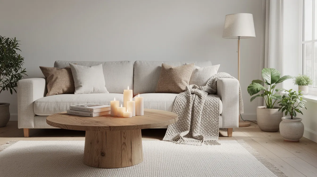 Ett mysigt skandinaviskt vardagsrum med en ljus soffa och ett runt soffbord i trä, där bordet är dekorerat med ljus och böcker. Rummet har en varm och inbjudande atmosfär, perfekt för avkoppling.