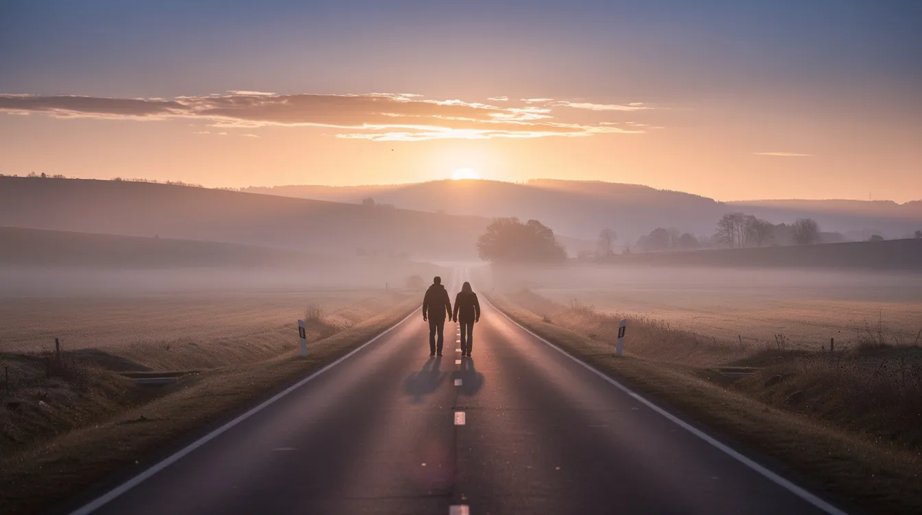 Zwei Silhouetten, die eine lange Landstraße entlanggehen, während im Hintergrund ein Sonnenaufgang über sanften Hügeln leuchtet. Die warme Farbgebung vermittelt eine melancholische, aber hoffnungsvolle Stimmung, die an die Tragikomödien von Charlie Chaplin erinnert.