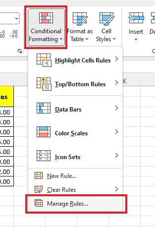 Click Conditional Formatting and choose Manage Rules.