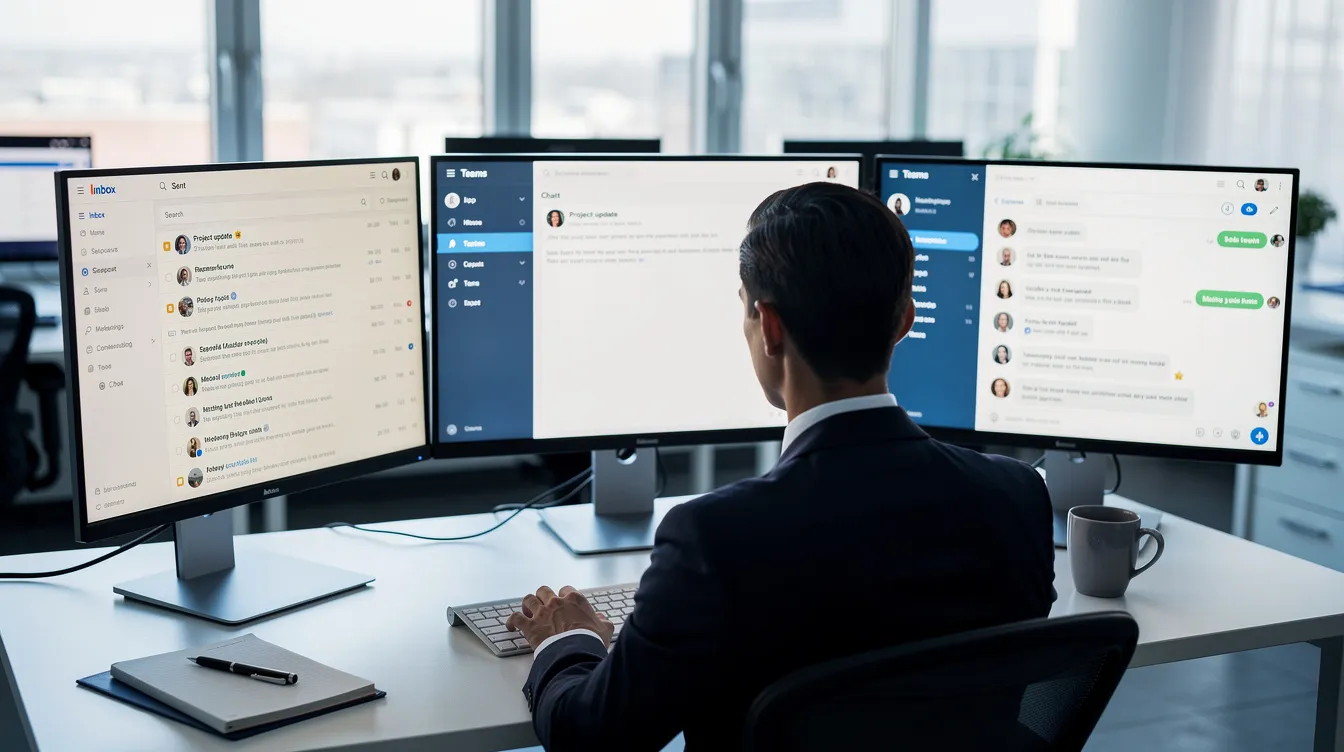 A professional is seated at a desk surrounded by multiple computer monitors displaying email and communication dashboards, essential for managing outbound sales efforts. The setup reflects a focus on sales engagement platforms and tools that help sales teams efficiently track performance and engage potential customers through personalized outreach and multichannel strategies.