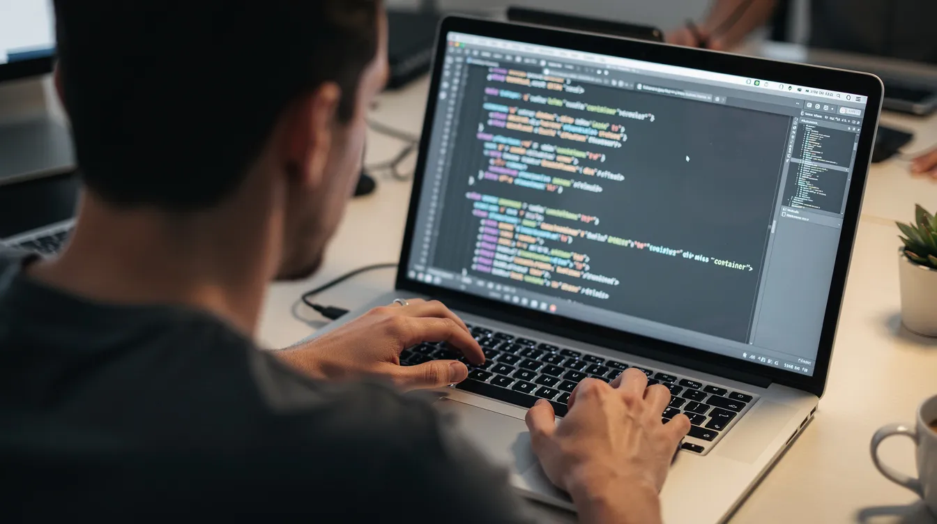 A close-up view of a developer intently inspecting website code on a laptop screen, highlighting the intricacies of the underlying theme for a Shopify store. The screen displays lines of code, suggesting the developer is analyzing theme details to enhance design or functionality.