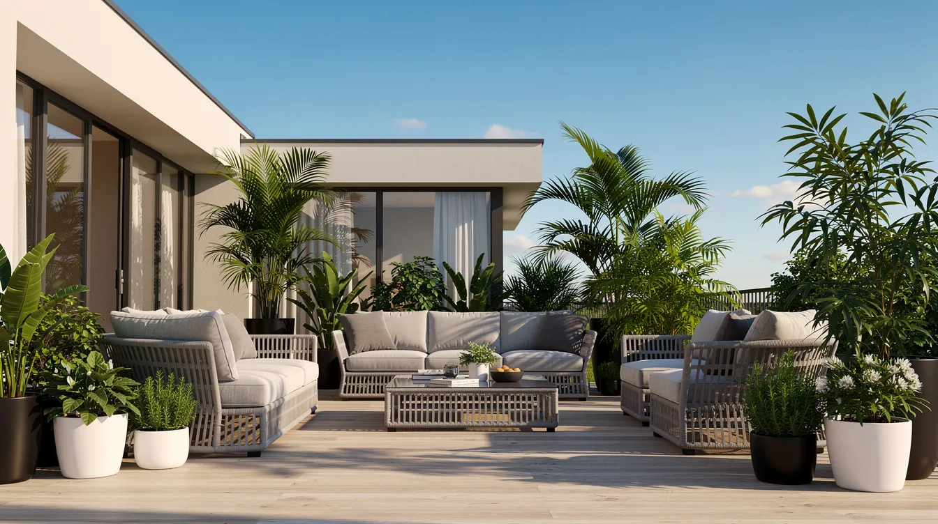 En modern uteplats med loungemöbler i konstrotting, omgiven av frodiga gröna växter och badande i solsken, skapar en inbjudande atmosfär för avkoppling. Denna stiliga miljö erbjuder en perfekt plats för att njuta av väder och vind under bar himmel.