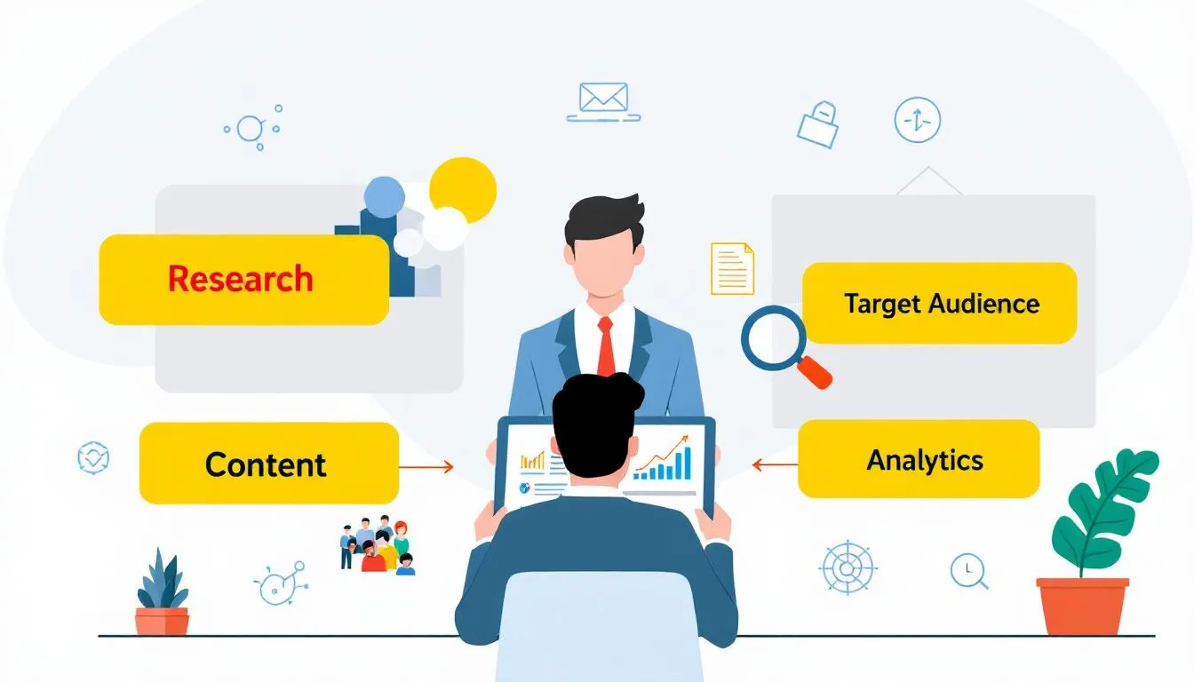 The image depicts a diverse team of marketing professionals collaborating around a table, analyzing charts and digital marketing strategies to develop a comprehensive marketing strategy for success. They are discussing innovative solutions and tailored digital marketing strategies to enhance online visibility and achieve business goals.